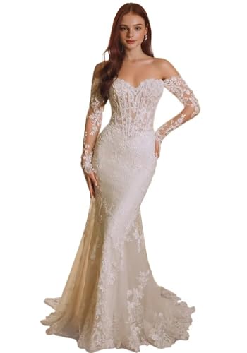 Tulle Lace Applique Boho Wedding Dress for Women Long Sleeve