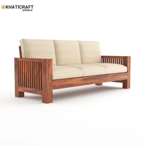 Image of Solid Sheesham Wood Dhara 5 Seater Sofa Set | Wooden 3+1+1 Seating Sofa Set for Living Room, Guest Room, Office, Home Furniture with Cushions (Honey Finish)