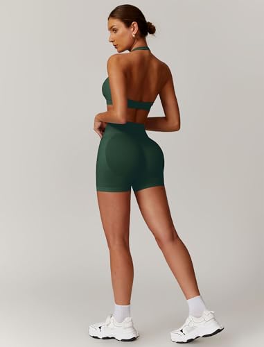 Image of ABOCIW Workout Sets for Women 2 Piece seamless Halter Sports Bra Scrunch Butt Impact Shorts Gym Yoga Outfits