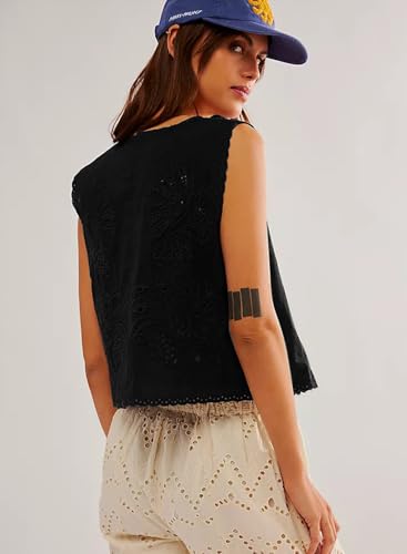 Women's Tie Front Vest Sleeveless Hollow Out Floral Embroidery Tank Crop Open Front Tie Tops3