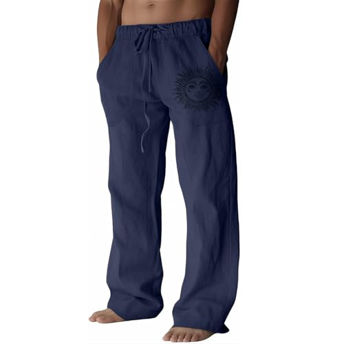 Image of Puimentiua Cotton Linen Pants Men, Summer Beach Pants Loose Fit with Elastic Waist Drawstring