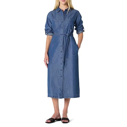 Amazon Essentials Women's Regular-Fit Denim Chambray Long-Sleeve Button-Up Midi Dress,