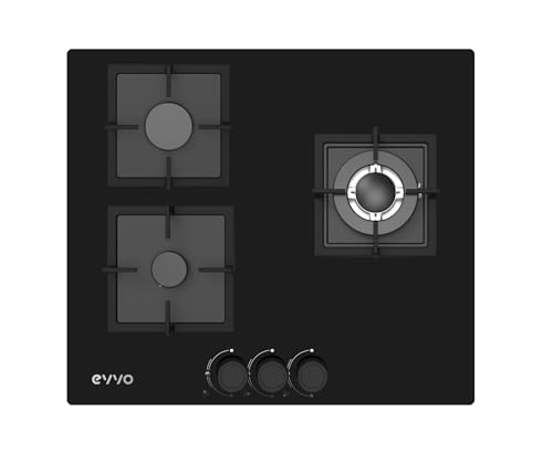 Placa de Gas EVVO V65 Glass, 3 Quemadores con Wok, Cristal Templado Negro, Encendido Eléctrico, Compatible Gas Natural y Butano