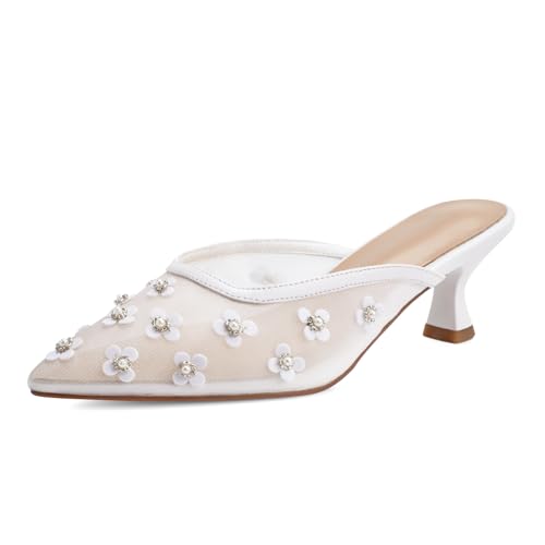 Image of Women Kitten Heel Mules Crystal Flower Decor Mesh Pointed Toe Low Heel Casual Pumps