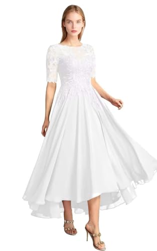Vestido de novia con apliques de encaje para la madre de la novia, mangas 3/4, línea A, longitud del té, vestidos formales de fiesta de noche, blanco, 36