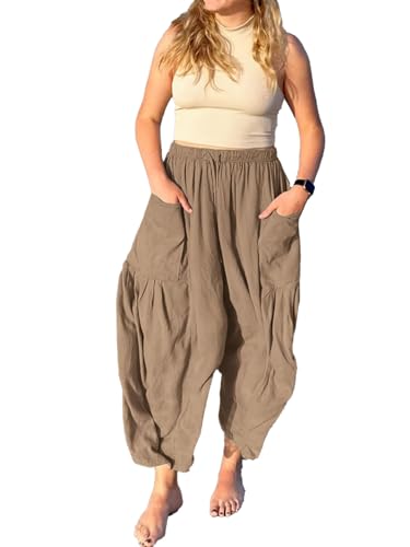 Akivide Women Casual Linen Pant High Elastic Waist Wide Leg Long Pant Drawstring Loose Beach Lounge Trousers with Pocket