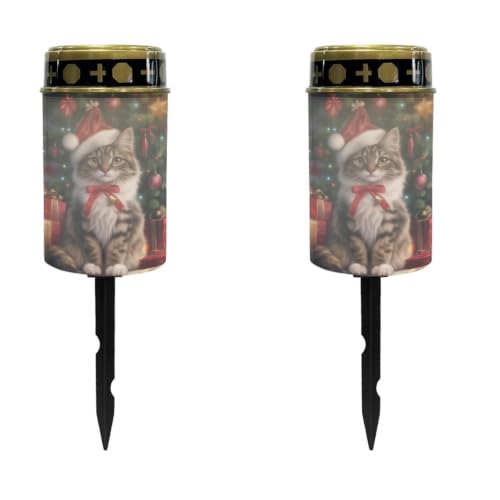Image of 2 Pcs Christmas Cat Solar Light for Gravestone | Xmas grave lights cemetery decor, waterproof flameless candles for grave memorial gift, outdoor use