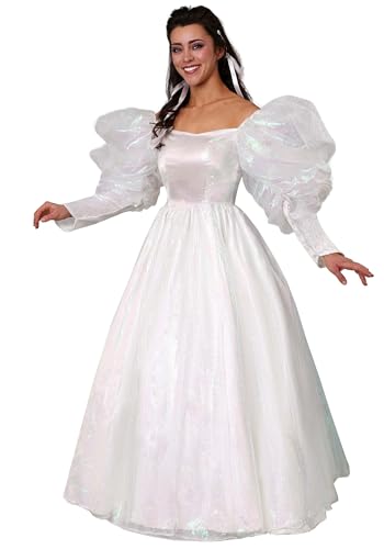 Sarah Labyrinth Costume Dress | White Ballgown With Large Puff Sleeves, Included Floral Crown With Hair Ribbons