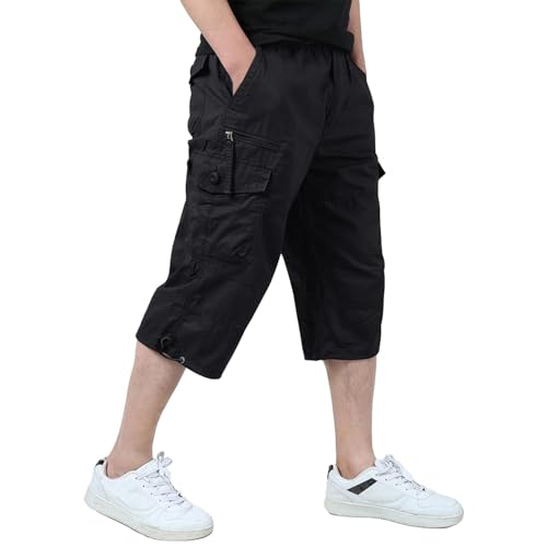KEFITEVD Pantalones Cortos Capri 3/4 para Hombre Pantalones Cortos hasta la Rodilla Cargo Pantalones Cortos de Trabajo Holgados con 7 Bolsillos,Negro,36