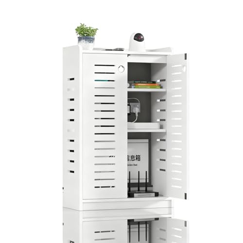 Gabinete enrutador WiFi de pared para un salón sin cables visibles y oficina despejada