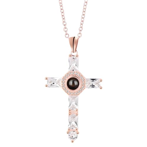 Collier de projection photo personnalisé en croix de zircone et argent 925 pour femmes
