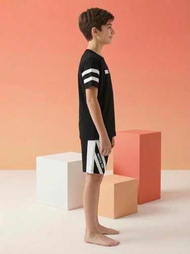 Image of Li'l Tomatoes Boys 100% Cotton Night Suit Set | Half Sleeve T-Shirt & Shorts | Color Block & Typography Print | Soft & Breathable Sleepwear | Casual Summer Wear | 9-16 Years