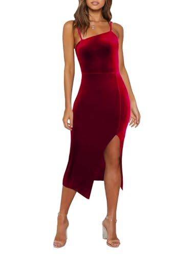 Image of OWIN Women's Adjustable Spaghetti Straps Sleeveless High Waist Split Midi Bodycon Cocktail Party Dress