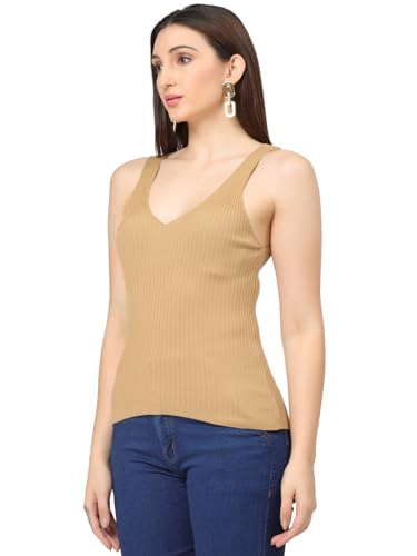 Image of Kalt Women Knitted, Ribbed Cotton Fitted Sleeveless V-Neck Cami Tank Top for Women Stylish
