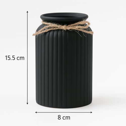 Image of Plastic Ribbed Decorative Vase with Jute Rope Top | Ceramic Look, Unbreakable Flower Pot for Centre Table, Balcony & Living Room Decor | Only Vase (No Flower) (Black)