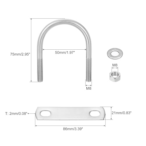 Image of uxcell Round U-Bolts, 4 Sets 50mm(1.97 inch) Inner Width 75mm Length M8 304 Stainless Steel U Clamp Bolt with Nuts and Plates, for Boat Trailer