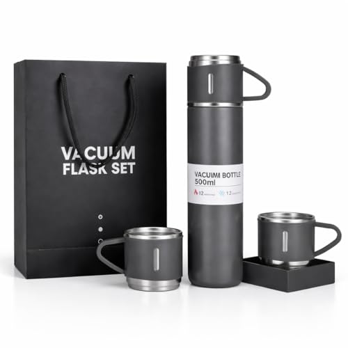 Image of 500ml Vacuum Insulated Stainless Steel Flask Set with 3 Cups Leakproof Double Wall Bottle for Tea Coffee Water Travel Office Gift Set- Not a Thermos Grey