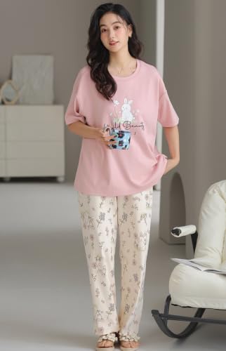 Image of GLASGO Women's Cotton Pajama Set with Top & Pants|| Korean Night Wear|| Loose Fit Home Wear || Lightweight Printed Set || Soft & Comfy Sleepwear for Girls & Women || LNS-4-$