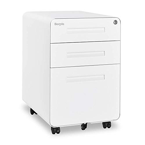 Bonnlo 23.8" H 3 Drawer Rolling File Cabinet With Lock, Mobile File Cabinet Under Desk With Pencil Tray, White Locking File Cabinet For Home Office, Metal Filing Cabinet Printer Stand Fully Assembled #TOP21