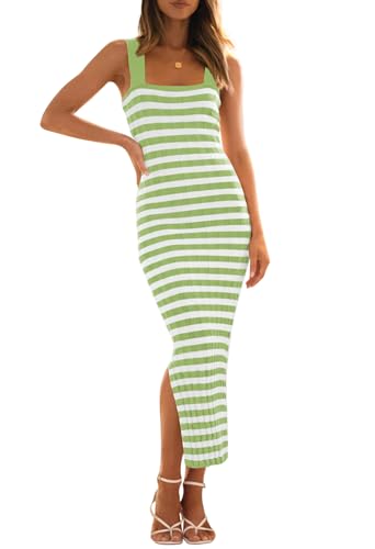 Image of MEROKEETY Womens Summer Striped Bodycon Midi Dress 2026 Beach Vacation Sleeveless Tank Ribbed Knit Baby Shower Sweater Dress