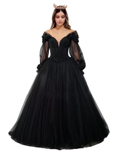 Mouccy Gothic Black Wedding Dresses for Bride Long Sleeve Bridal Gowns with Train V Neck Lace Wedding Gowns for Women