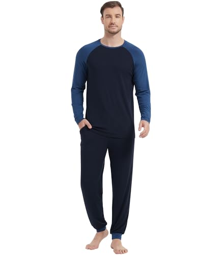 Image of NACHILA Mens Pajamas Set Long Sleeve Henley Sleepwear Top Soft Jogger Pants Pajamas Cool Pjs Set,Viscose Made from Bamboo