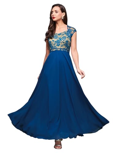 Image of Miss Chase Women's V-Neck Full Sleeve Self Design Lace-Overlaid Georgette Maxi Dress
