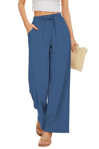 Image of KICZOY Women Flowy Pants Drawstring Waist Wide Leg Palazzo Beach Pants Loose Fit with Pockets