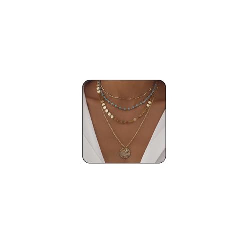 Layered Boho Necklaces for Women Gold Coin Pendant Necklaces Stackable Turquoise Choker Necklace for Women Western Jewelry
