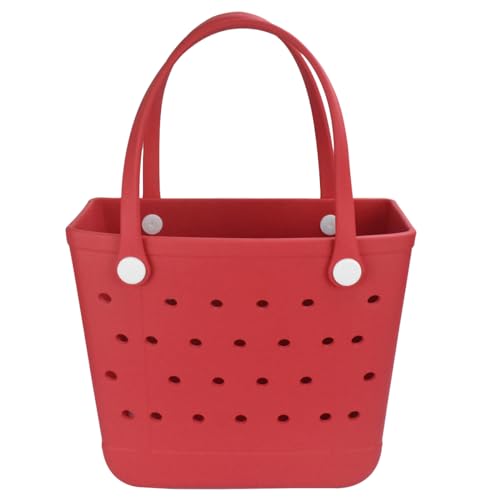 Extra Large Rubber Beach Bag, Washable Moisture Resistant Durable Open Hole Tote Bag Beach Vacation Essentials (Red, Large)