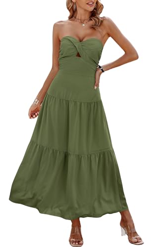 Image of ECOWISH Womens Summer Strapless Smocked A Line Maxi Dress | Off Shoulder Hollow Out Tiered Long Dresses Beach Party Vacation Wear