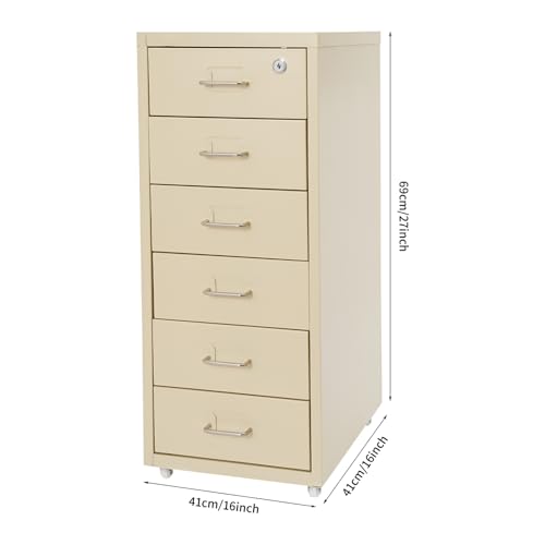 Image of 6 Drawer Vertical File Cabinet, Filing Cabinets for Home Office, Metal File Storage Cabinet with Lock & Wheels, Small Locking File Cabinet with Drawers for Letter /Legal /F4 /A4 (Beige)