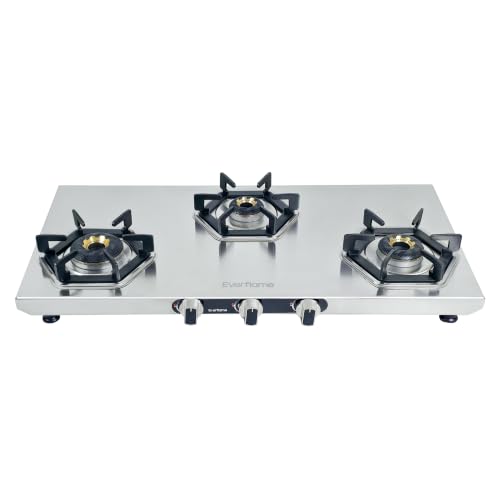 Image of Everflame Hexon 3 Burner Stainless Steel Gas Stove | 2mm Thick Jointless SS Body | 3D Forged Brass-Burner | ISI Certified | Manual Ignition | 2 Years Manufacturer Warranty
