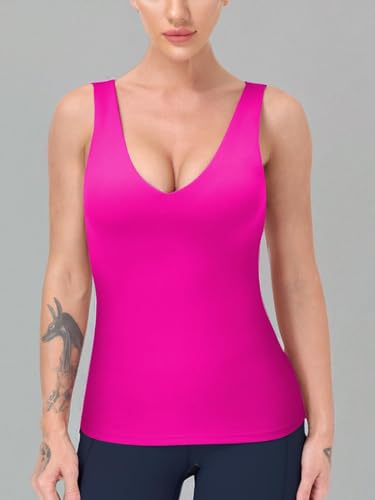 Image of Workout Tops for Women Yoga Tank Tops with Built in Bra Wirefree Padded Yoga Bras Gym Running Athletic Shirt V-Neck Camisole