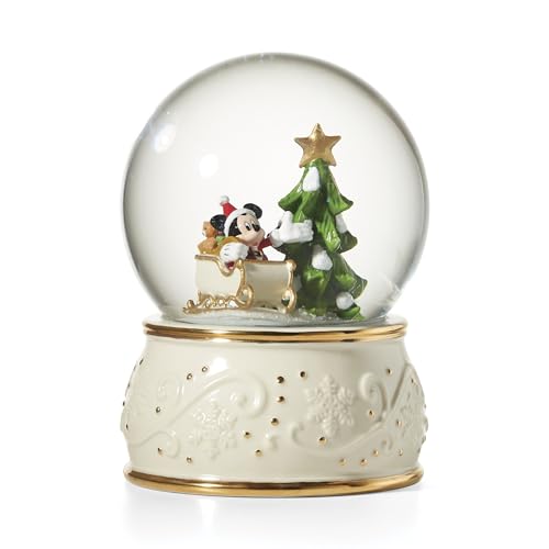 Lenox Mickey Mouse Snow Globe, White Porcelain with 24K Gold Accents, Mickey Riding Through Snow Near Christmas Tree, Festive Christmas Decorations Indoor, Disney Classroom Decor, Teacher Gifts, 5.5
