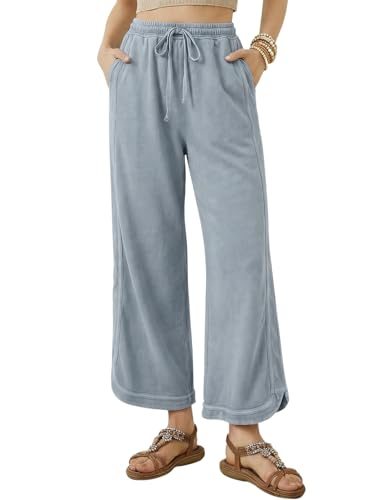 Vidiva Womens Wide Leg Pants Cotton Casual Loose Drawstring Elastic Waist Baggy Palazzo Lounge Trousers with Pockets Resort Beach Travel 2026 Light Blue Medium