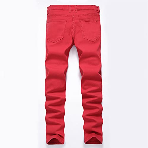Men's Ripped Slim Casual Distressed Denim Pants Fit Straight with Zipper Jeans Skinny Retro Stretch Jean Trousers (Red,31)2