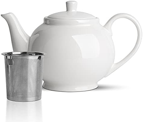 ComSaf Ceramic Teapot with Removable Infuser and Lid, Large Tea Pot with Stainless Steel Fine Mesh Strainer, 37 OZ Ceramic Tea Pot with Infusers for Loose Tea or Bags, White