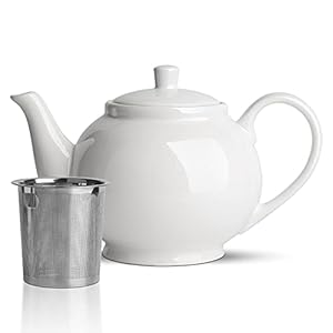 ComSaf 37oz Porcelain Teapot with Removable Infuser & Lid, Large Tea Pot with Stainless Steel Fine Mesh Strainer, Ceramic Tea Pot with Infusers for Loose Tea or Bags, White