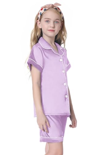 Umeyda Womens Girls Silk Satin Pajamas Set Short Sleeves Matching Classic Sleepwear Loungewear, Light Purple, X-Small