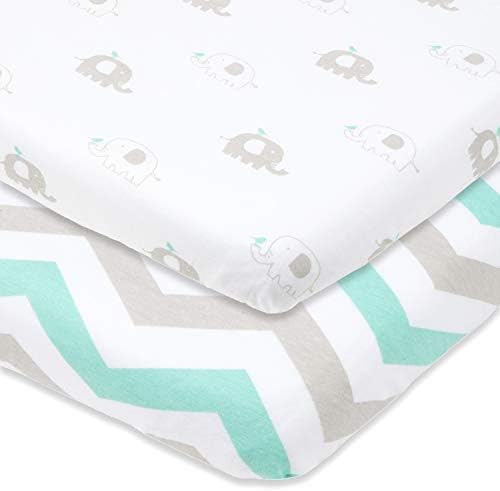 Cradle Sheets Fitted 18 x 36 – Fits Most Bedside Sleeper Bassinets Without Bunching Mattress Pad – Snuggly Soft Jersey Cotton – Grey, Mint, Chevron, Elephants – 2 Pack