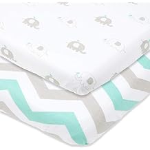Joey + Joan Pack and Play Sheets Fitted Compatible with 4moms Breeze Plus Playard & Breeze Go Playard Fits Up to 30 x 43 Inch Mattress Without Bunching Grey, Green