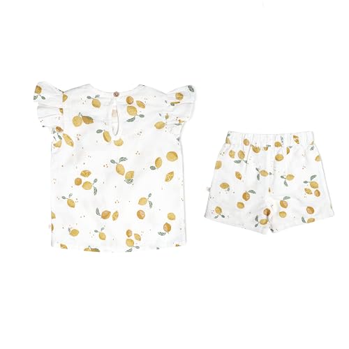 Image of MakeMake Organics GOTS Certified Organic Cotton Baby Kids Toddler Girl Top and Short Outfit Set - Citron, 3-4 Years
