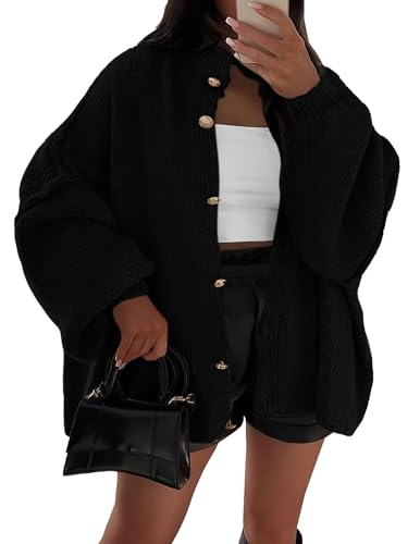 Image of PRETTYGARDEN Women's Winter Button Down Cardigan Sweaters Mock Neck Lantern Long Sleeve Chunky Knit Jacket Trendy Outerwear (Black,X-Large)
