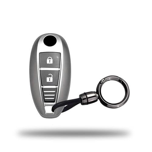 Image of SIAGO TPU Key Cover and Round Keychain Compatible for Maruti Suzuki Baleno | Ciaz | Swift | Ertiga | Ignis | Ritz | S-Cross | SX4 | Vitara Brezza 2 Button Smart Key Cover (Grey)