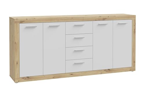 Forte BACCIO Kommode 200, modernes Sideboard mit 4 Schubladen und Türen, Holzwerkstoff, Artisan Eiche Holzdekor | Weiß, 197,1 cm breit x 91,9 cm hoch x 41 cm tief