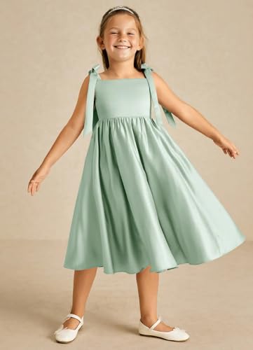 MCieloLuna Cute Summer Flower Girl Dress Midi Length Wedding Guest Princess Gown Glossy Satin First Communion Dresses2