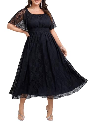 Women's Plus Size Wedding Guest Dress Lace Square Neck Short Sleeve Flowy A Line Formal Maxi Dresses