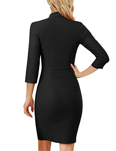MUXXN Women's Midi Pencil 1950s Vintage Cocktail 3/4 Sleeve Tie Neck Bodycon Mid-Calf Dress with Pockets4