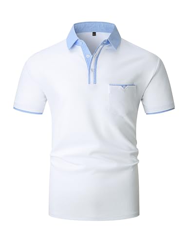 LIUPMWE Men's Short Sleeve Polo Shirts with Pocket Contrasting Colors Golf 100% Cotton T-Shirt Tops,XXL,White-41